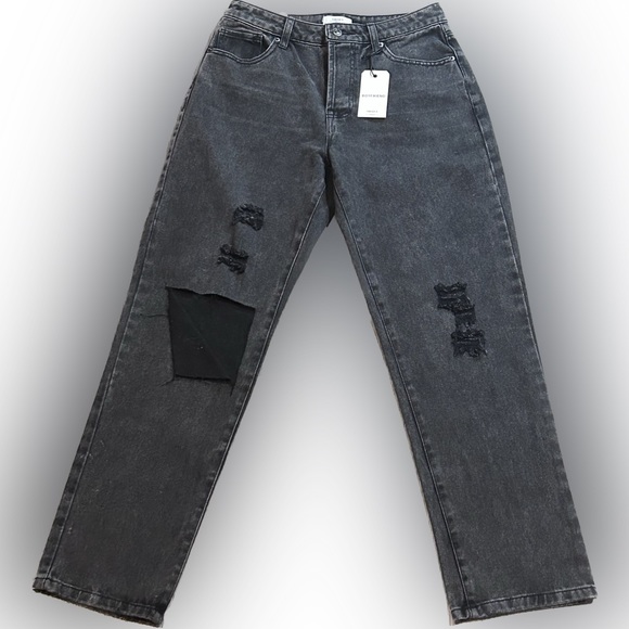 Button fly Boyfriend jeans Sz 26 Distressed Black high rise wide leg - Picture 1 of 12